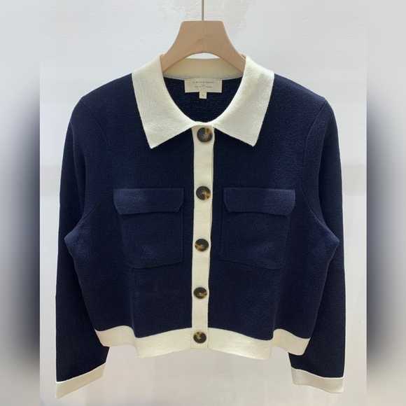 Sezane Betty Cardigan In Marine With Ecru Detail - Picture 7 of 9